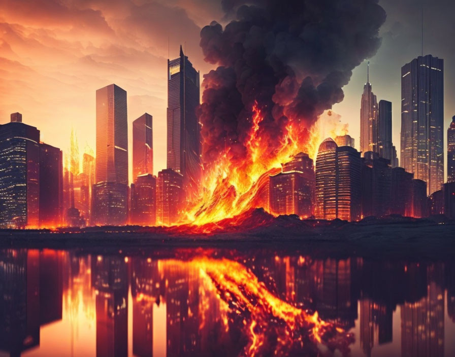 Intense cityscape explosion with flames and smoke at sunset