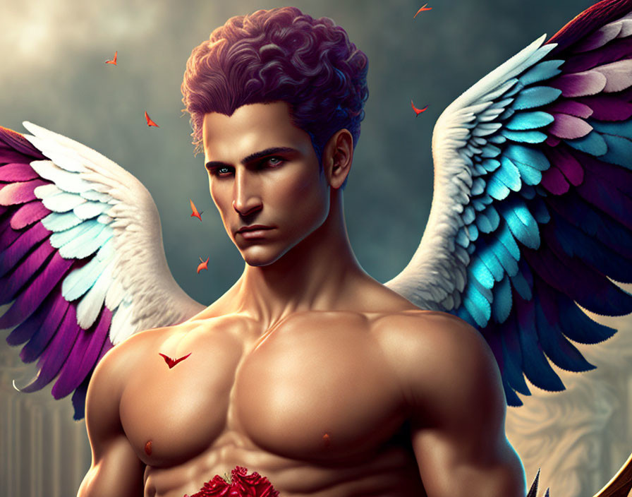 Male figure with angel wings and red butterflies in digital art