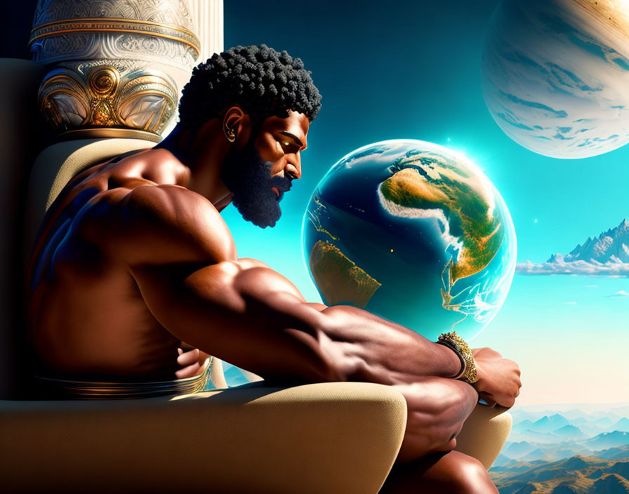 Muscular man with beard gazes at floating globe near classical column in mountainous backdrop under cosmic sky