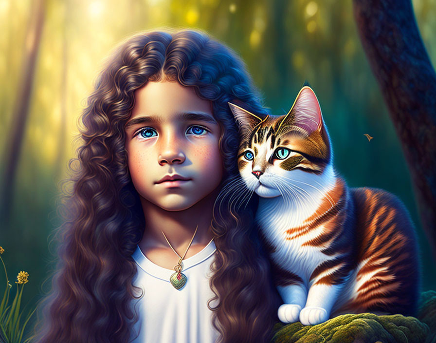 Young Girl with Curly Hair and Tabby Cat in Sunlit Forest: Serene Digital Art Piece