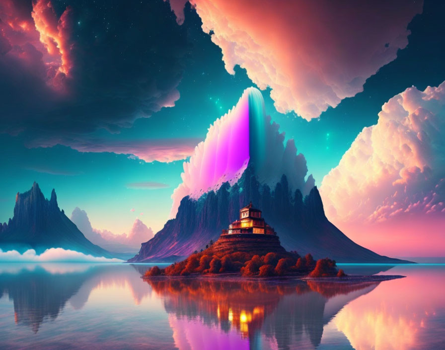 Colorful digital artwork of serene lake, neon mountain, island house, surreal clouds