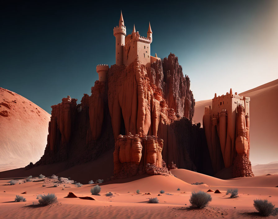 Fantasy castle on rugged cliff in desert landscape