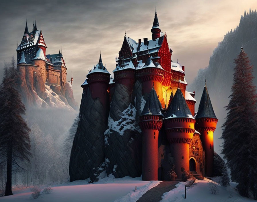 Snowy landscape with illuminated castle and pine trees at dusk