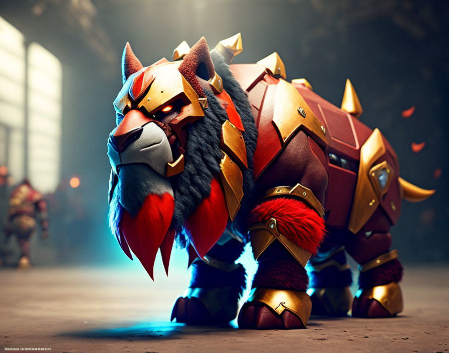 Animated lion with mechanical armor in dimly lit hall.