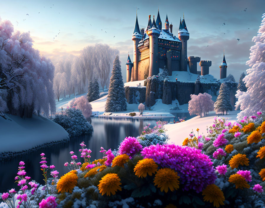 Enchanted castle in wintry landscape with colorful flowers