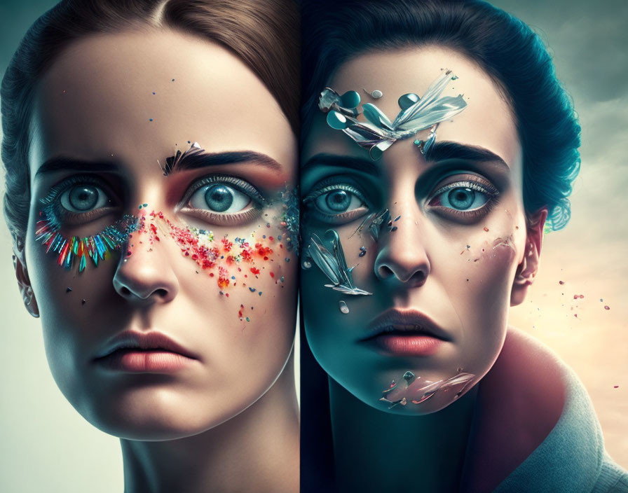 Women's faces split in half: one intact, the other disintegrating into colorful particles.