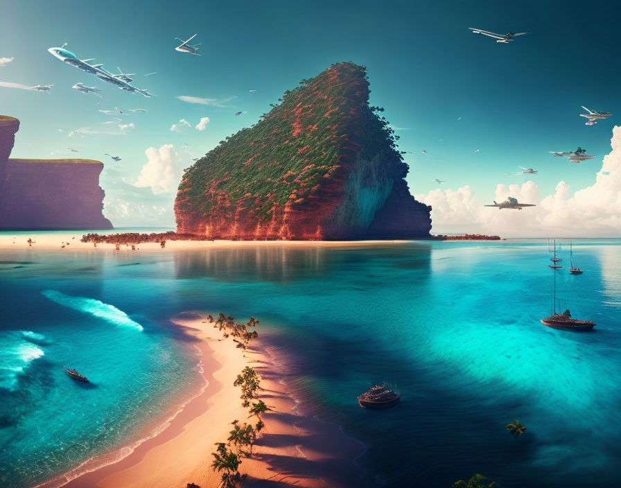 Tropical Beach Scene with Island, Boats, and Colorful Sky