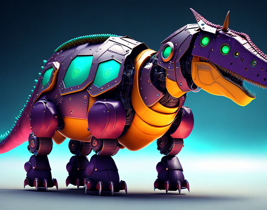 Colorful Robotic Dinosaur with Purple Armor on Blue Gradient Background