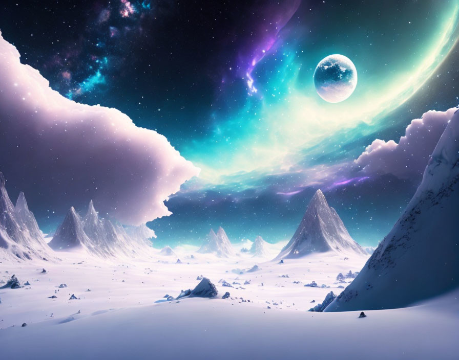 Snowy landscape with sharp mountain peaks under vibrant night sky