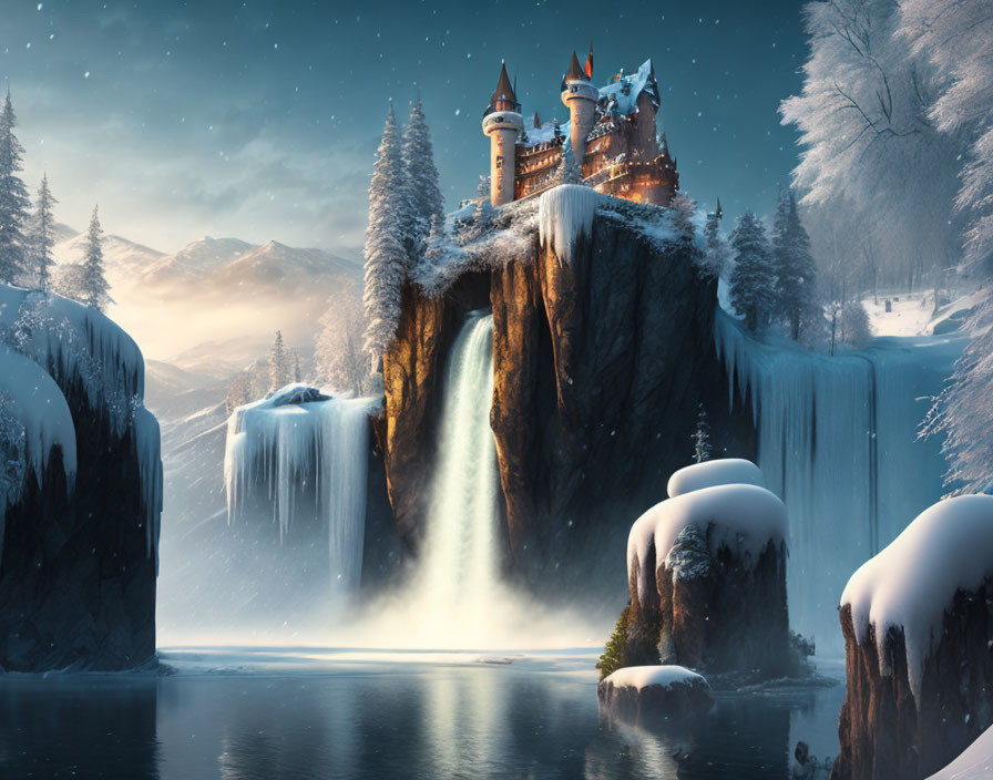 Majestic castle in winter landscape with snowy trees and frozen waterfalls