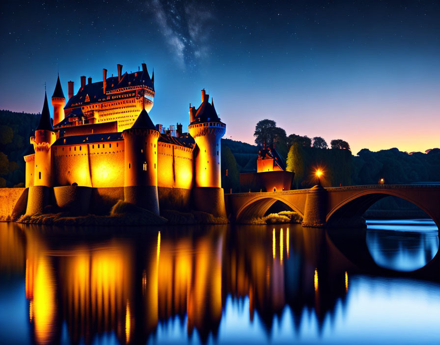 Majestic castle with illuminated turrets reflected in twilight waters