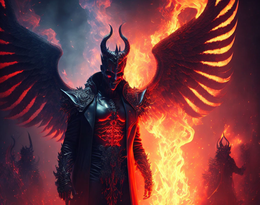 Sinister demon with horns, wings, and armor in fiery backdrop