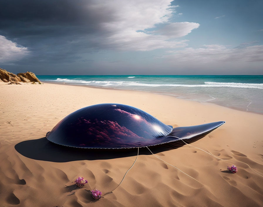 Surreal metallic UFO on sandy beach with flowers under cloudy sky