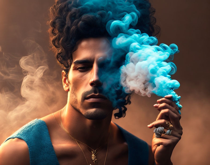 Contemplative man exhales colorful smoke in blue top, against brown backdrop