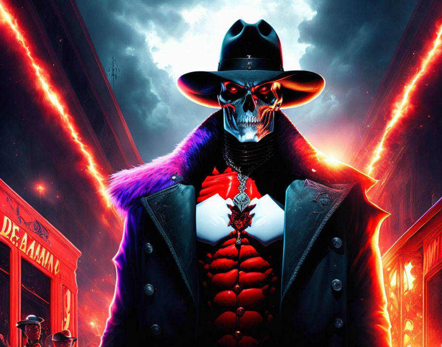 Skull-faced figure in hat and coat with eerie neon-lit backdrop