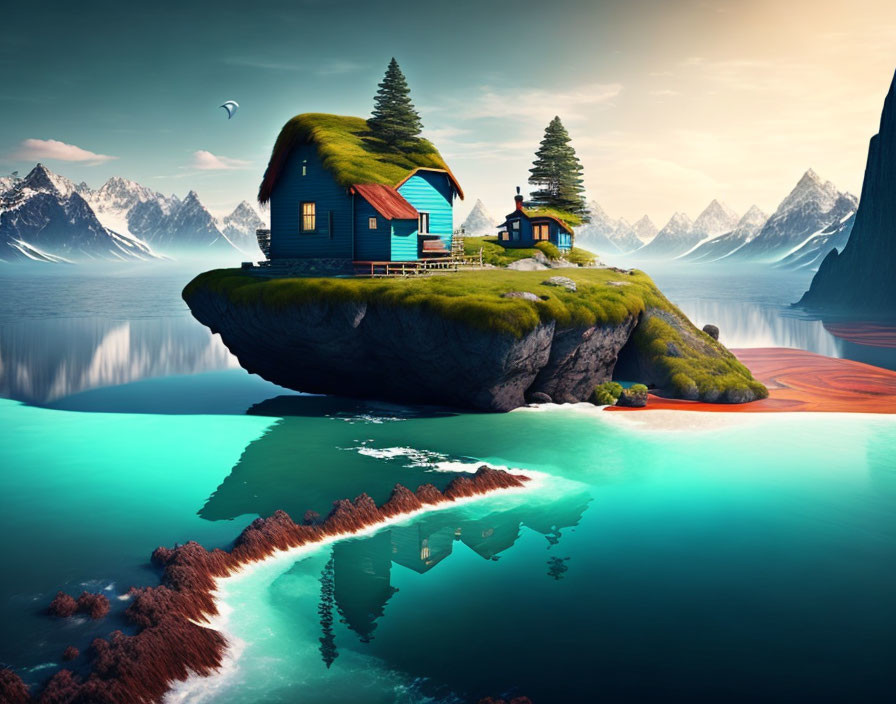 Quaint houses on lush floating island with mountain backdrop