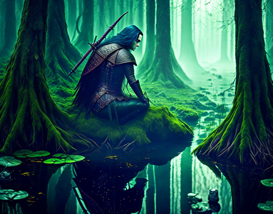 Armored female warrior sitting by serene forest pond