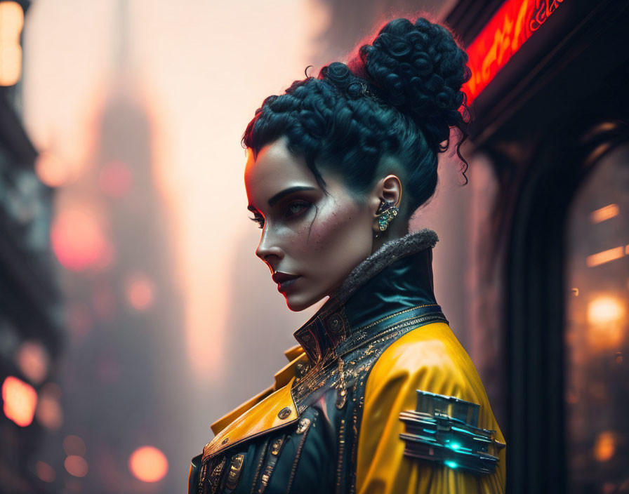 Styled woman in yellow leather jacket with dramatic makeup against cityscape at dusk