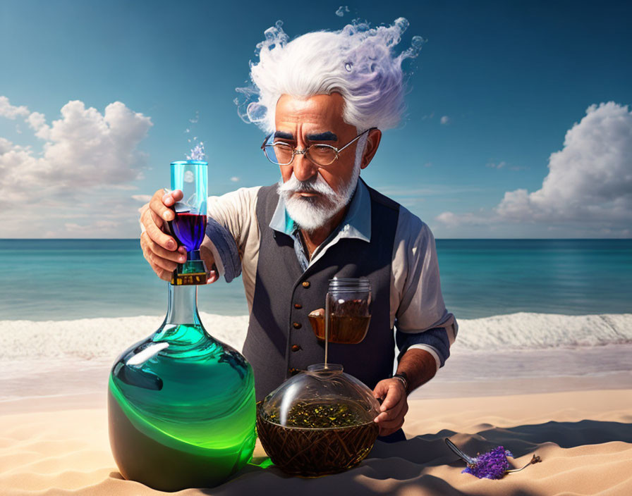 Elderly scientist pours glowing liquid into flask on beach