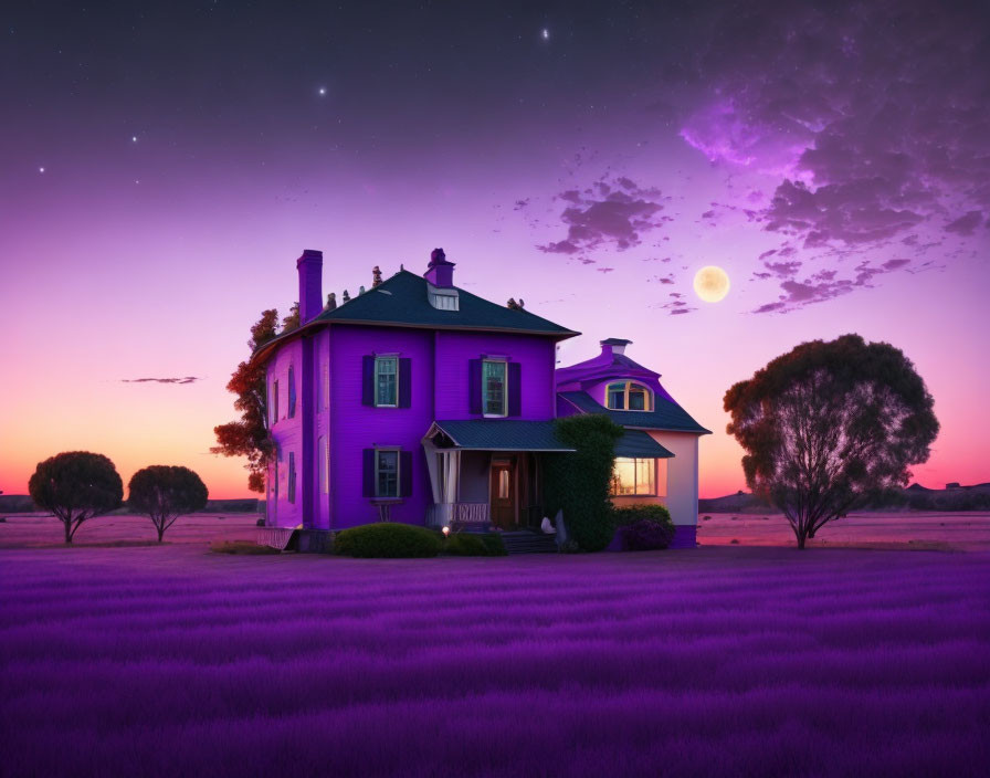 Victorian house in lavender field under twilight sky