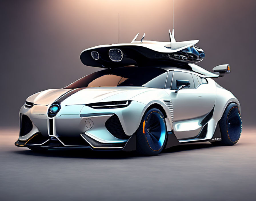 Sleek White Sports Car with Blue Accents and Roof-Mounted Drone