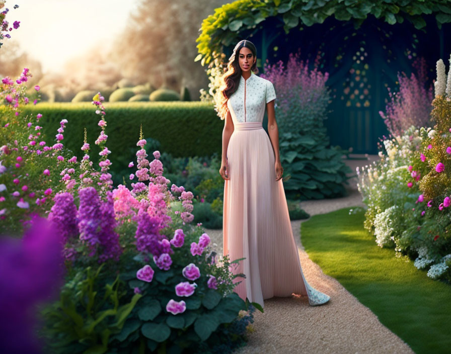 Woman in elegant dress in serene garden at sunset