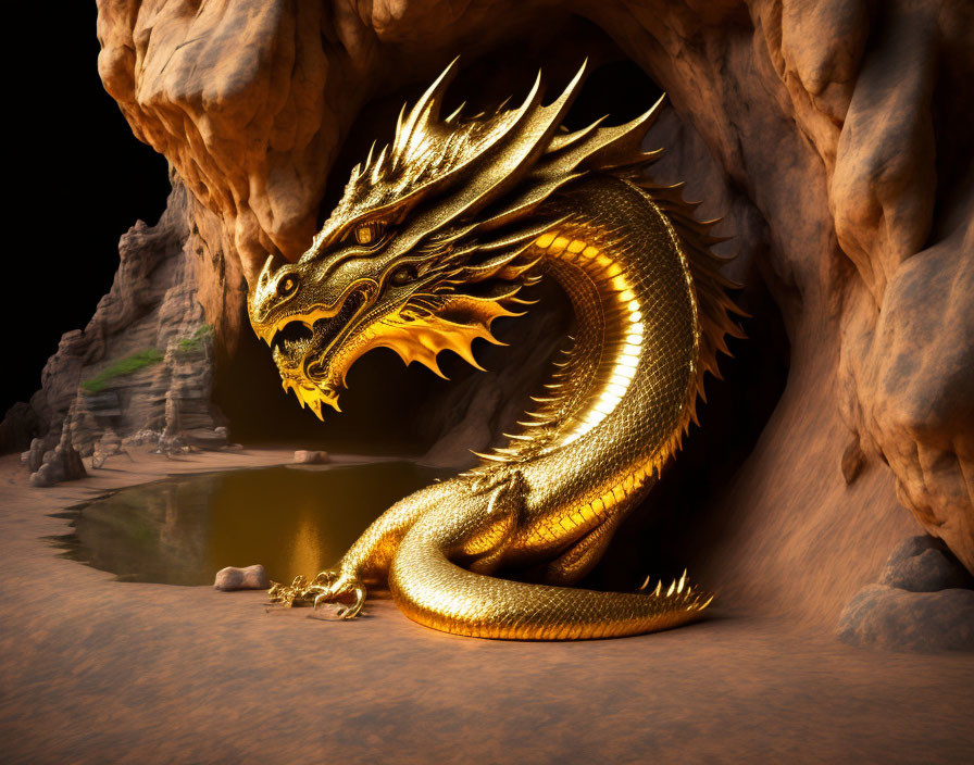 Golden dragon emerges from cave near tranquil pool.