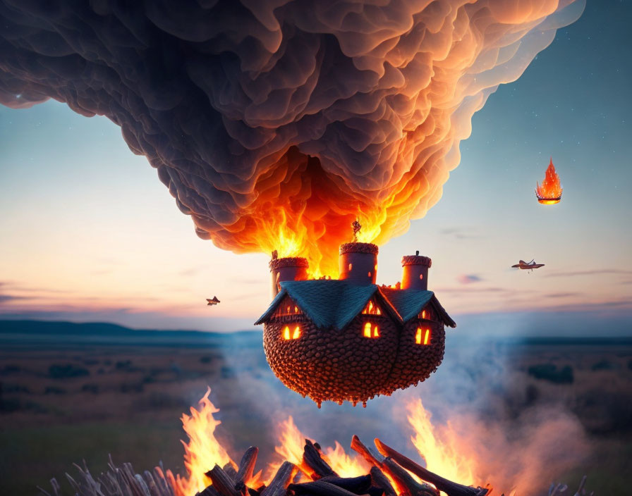 Flaming cauldron-shaped house lifts off in smoke cloud at dusk