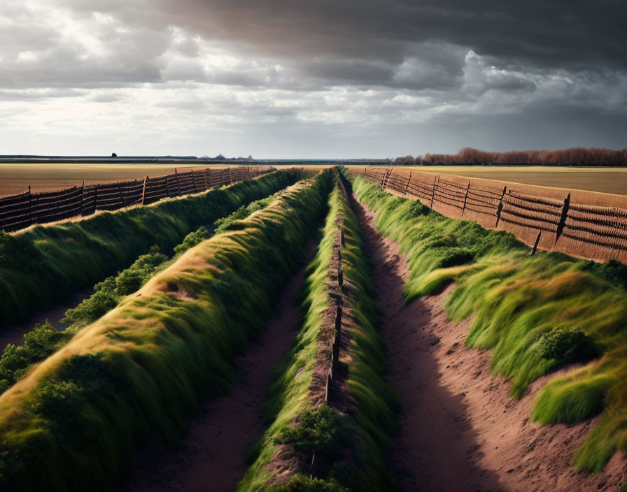 Moody sky over central dirt path and wooden fences in lush landscape