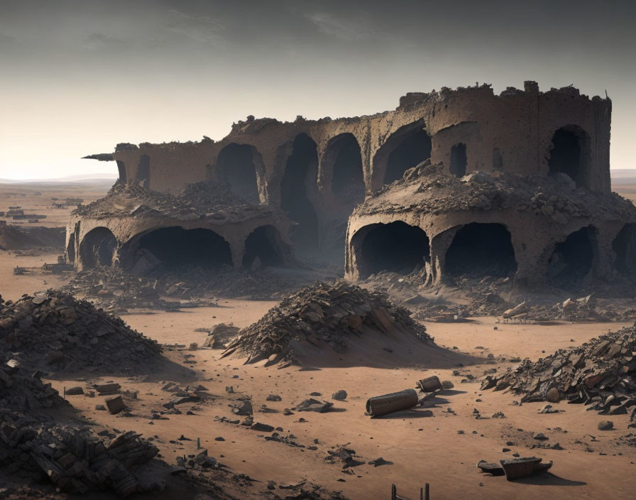 Ancient fortress in desert with large arched openings and scattered debris