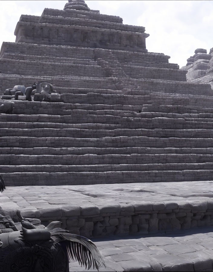 Stone Mesoamerican pyramid with serpent heads under cloudy sky