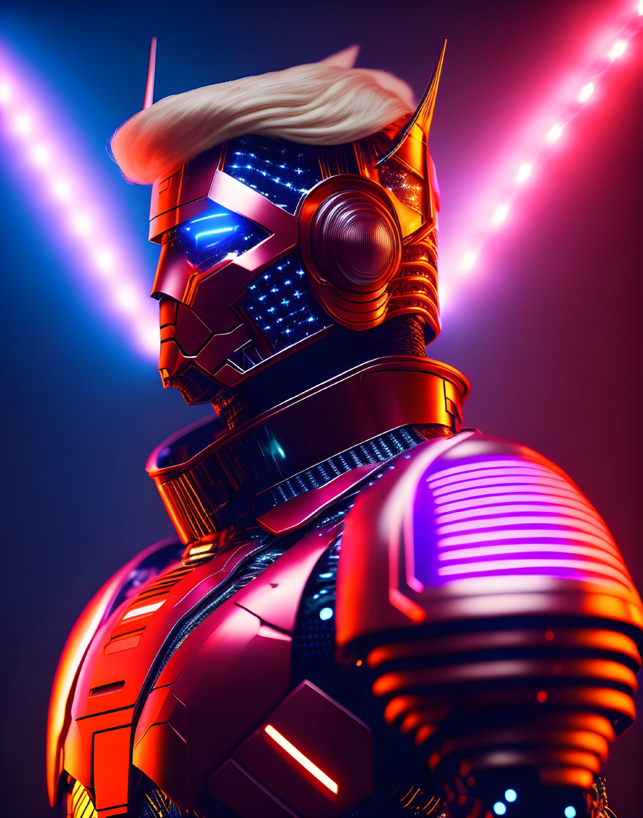 Futuristic warrior robot with glowing eyes and blonde hair in neon-lit setting