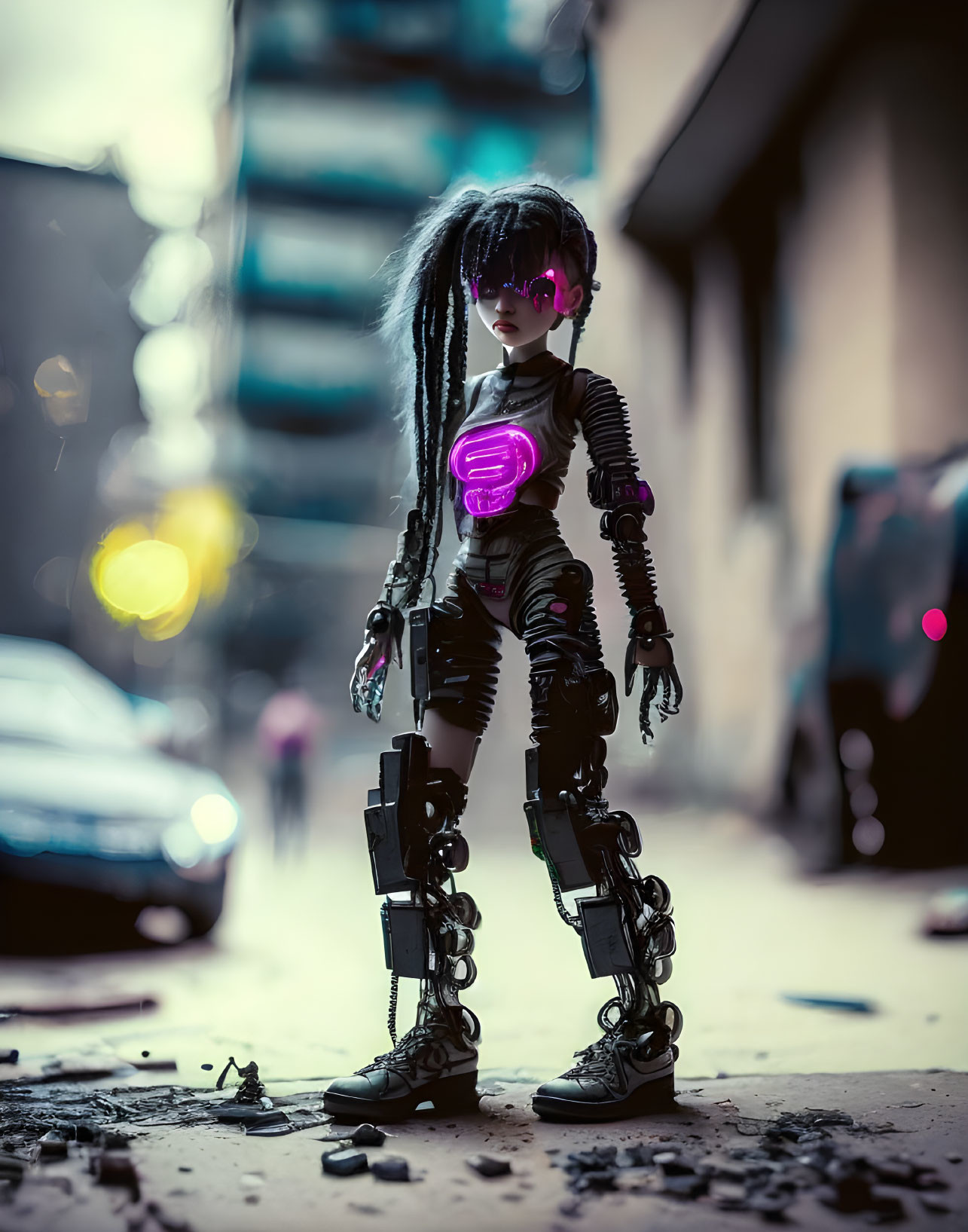 Cyberpunk-style doll with mechanical legs and glowing pink goggles on urban street