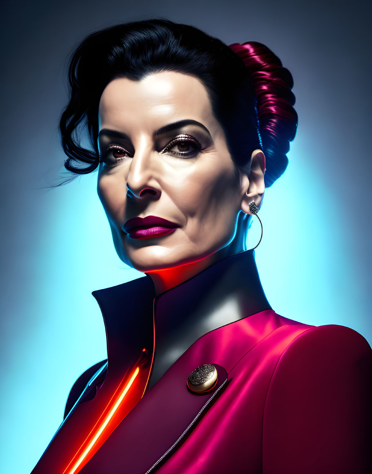 Stylized portrait of a woman with sleek hair and dark makeup in red outfit with glowing orange line