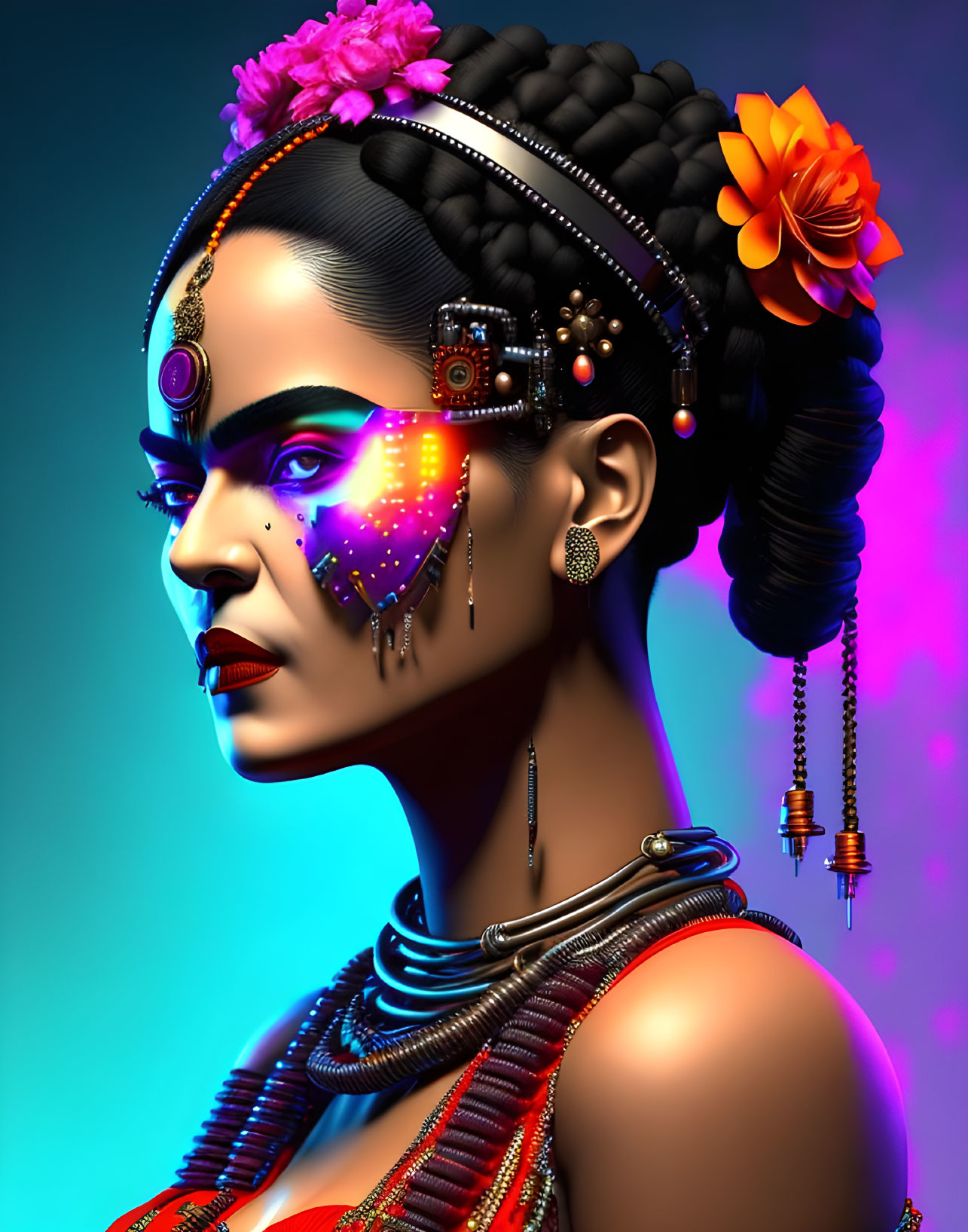 Futuristic tribal makeup woman with elaborate braid and jewelry