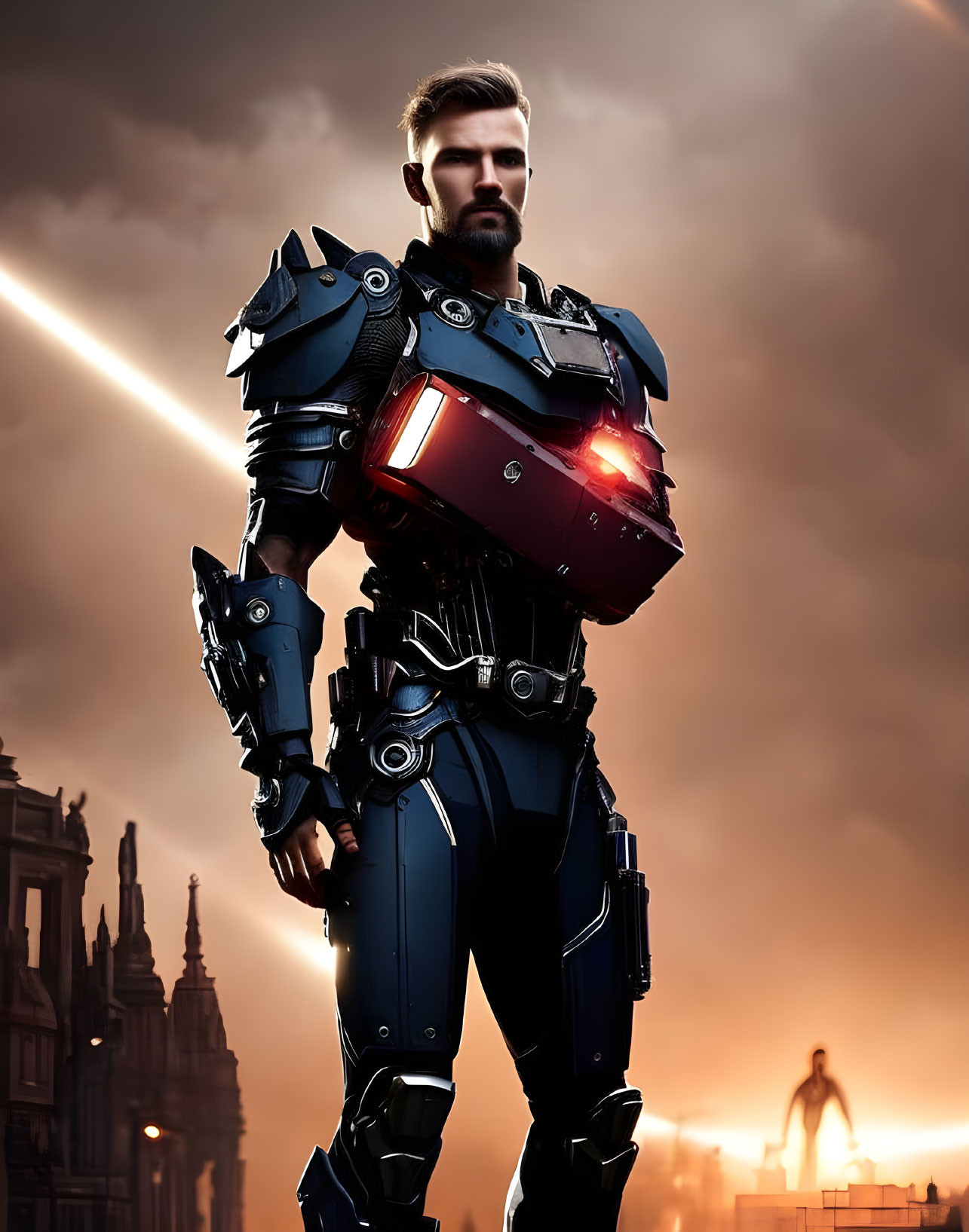 Bearded man in futuristic armor at sunset skyline