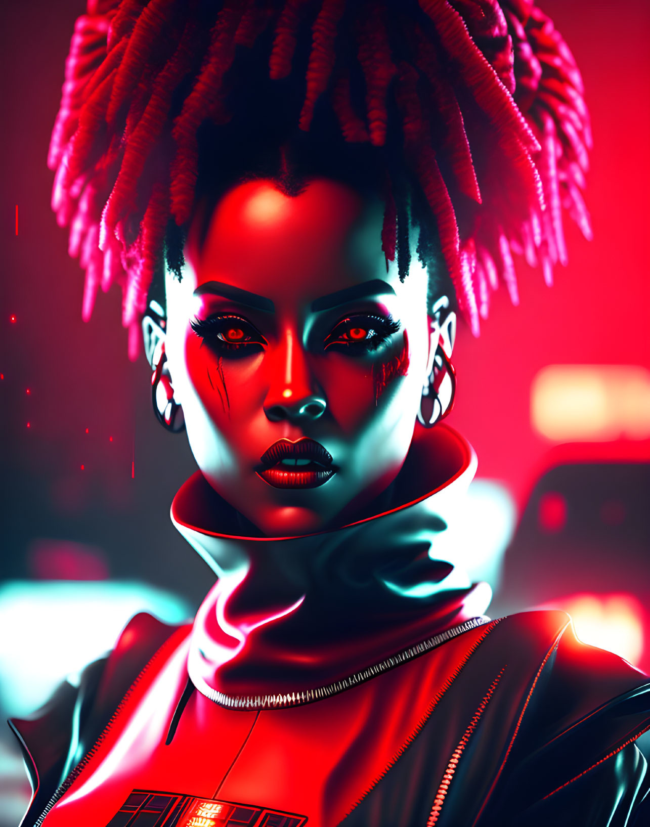 Digital portrait of woman with red and black dreadlocks in cyberpunk style