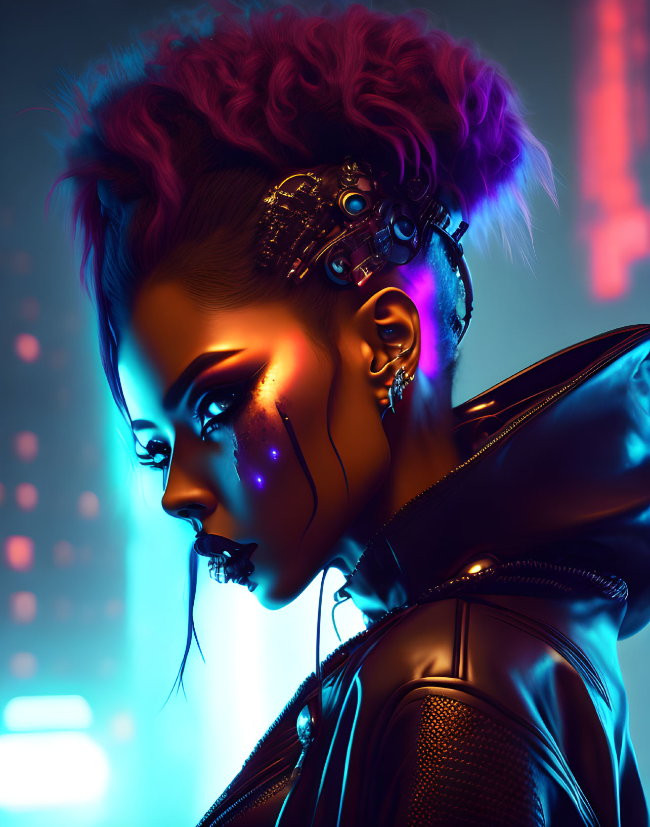 Futuristic woman with cybernetic implants and neon makeup in vibrant cityscape