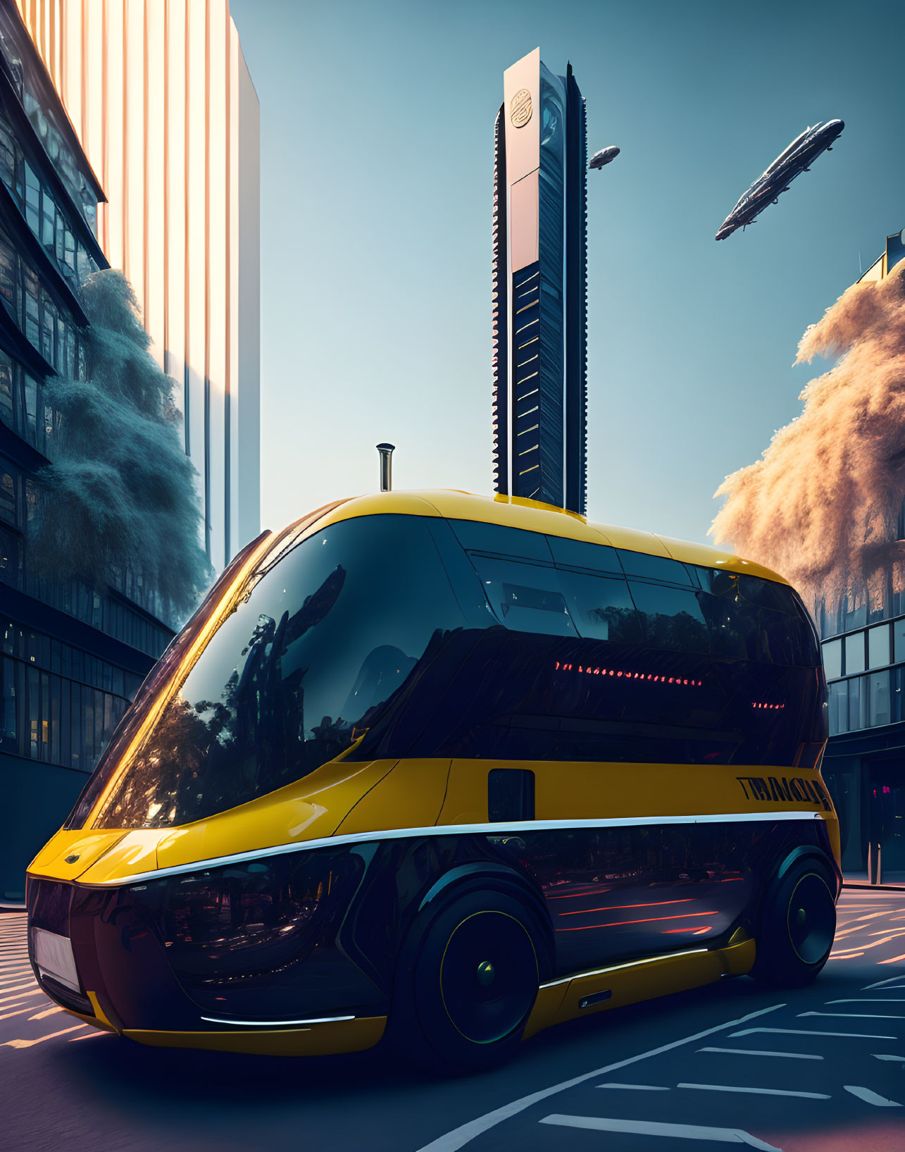 Yellow Autonomous Bus on Futuristic City Street with Skyscrapers and Flying Vehicle