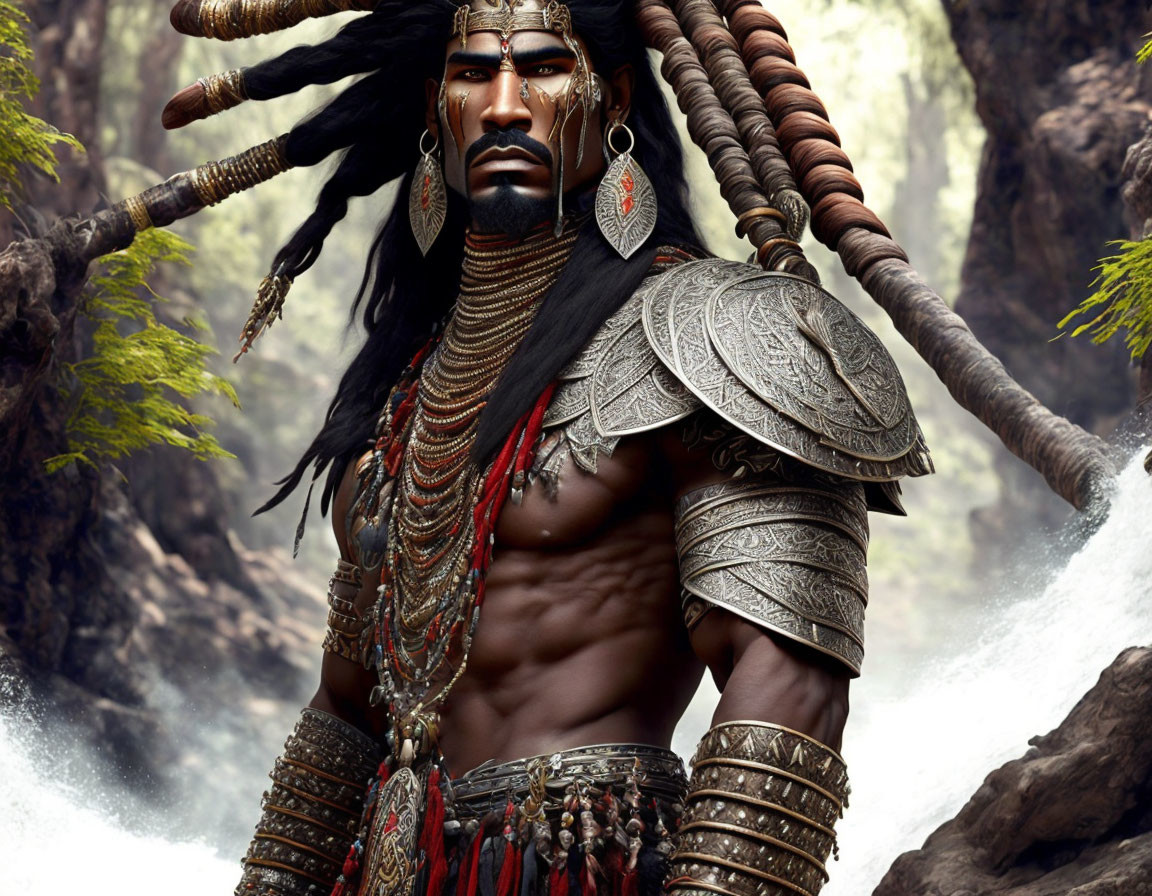 Muscular warrior in tribal attire and armor in misty forest