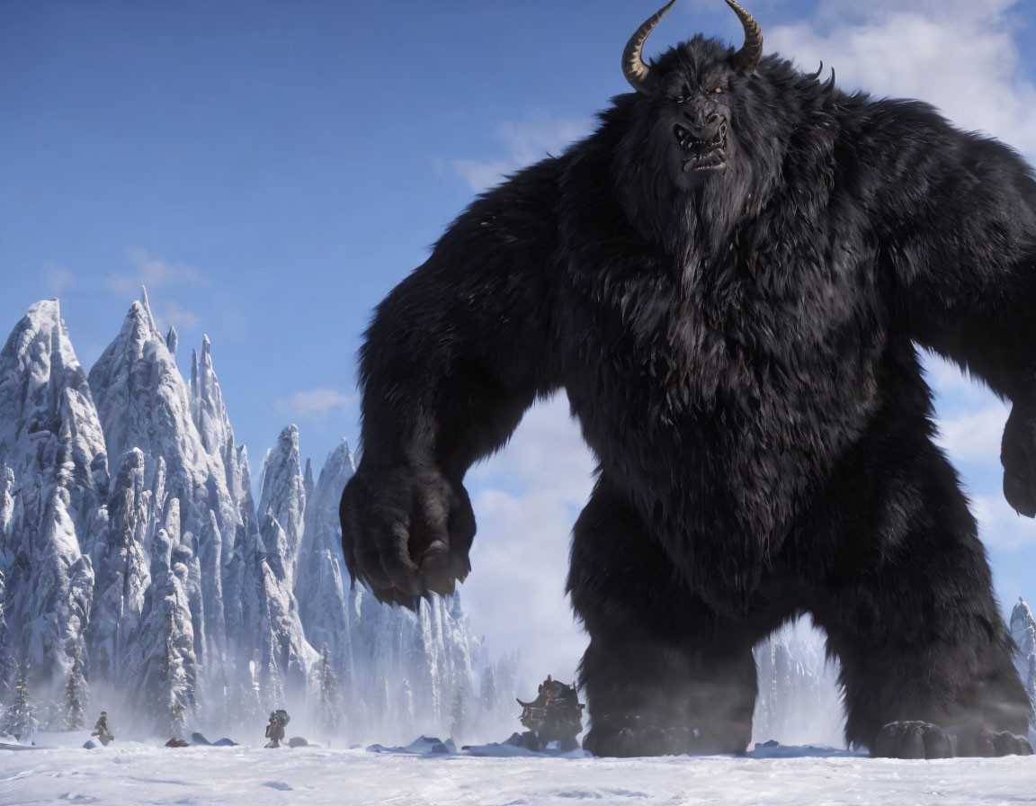 Majestic Black Creature with Horns in Snowy Landscape