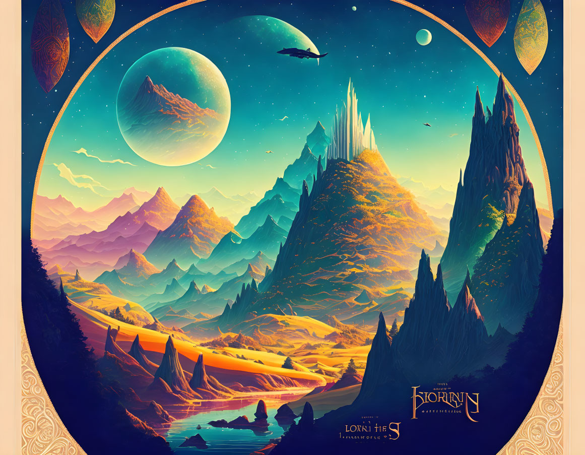 Colorful fantasy landscape with mountains, river, and celestial bodies