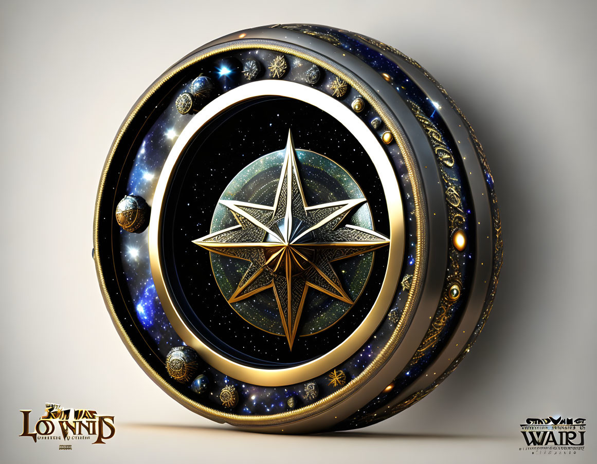 Intricately detailed challenge coin with compass star and space backdrop