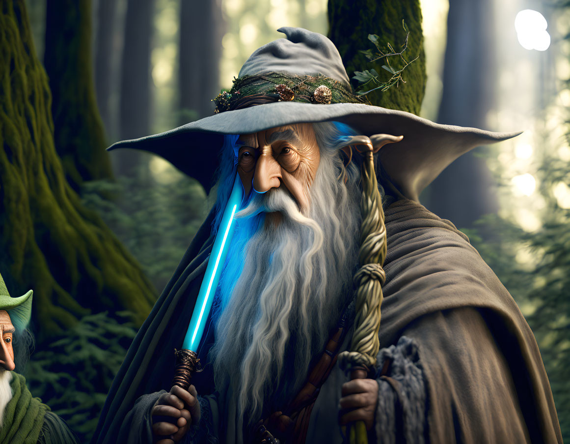 Elderly wizard with long beard and glowing blue staff in mystical forest