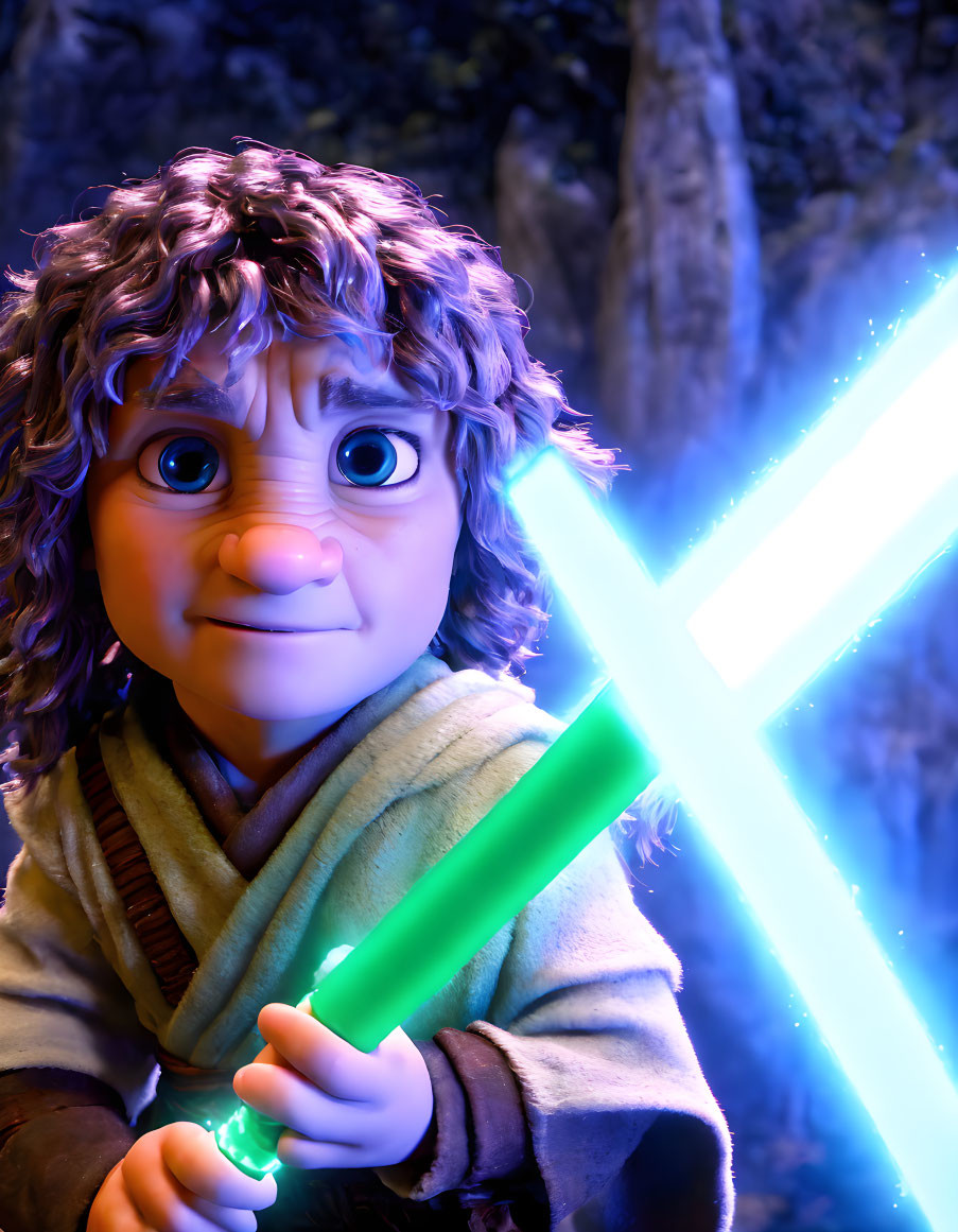 Young hobbit-like character with green lightsaber in enchanted forest