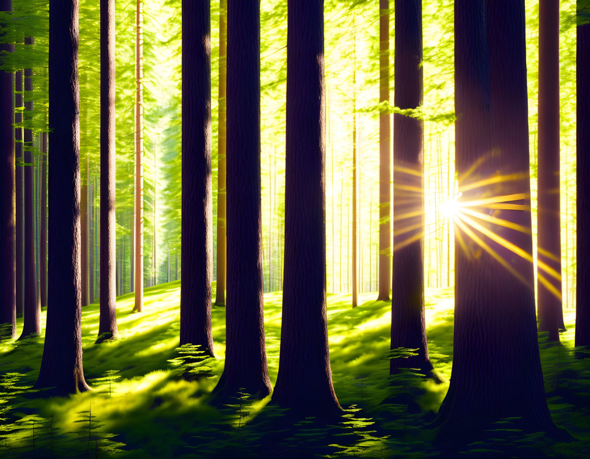 Sunlight through tall trees in lush green forest: serene atmosphere