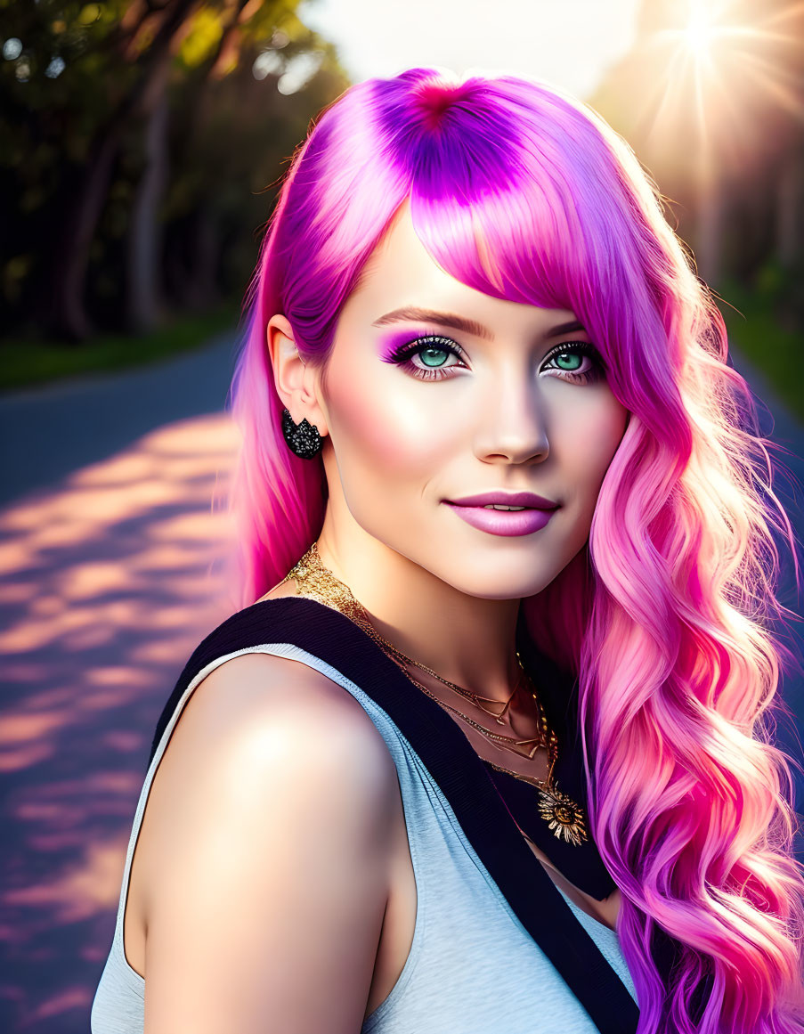 Woman with Bright Pink Hair Smiles in Sunlit Setting