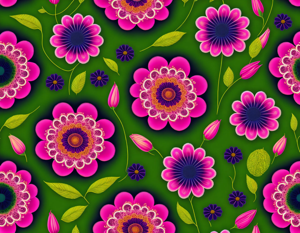 Pink and Purple Floral Pattern on Dark Green Background