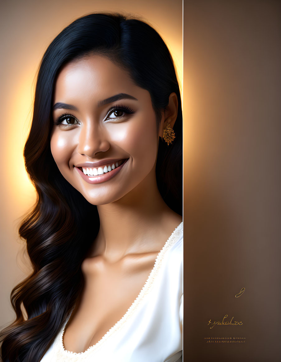 Smiling woman with dark hair in white dress and gold earring