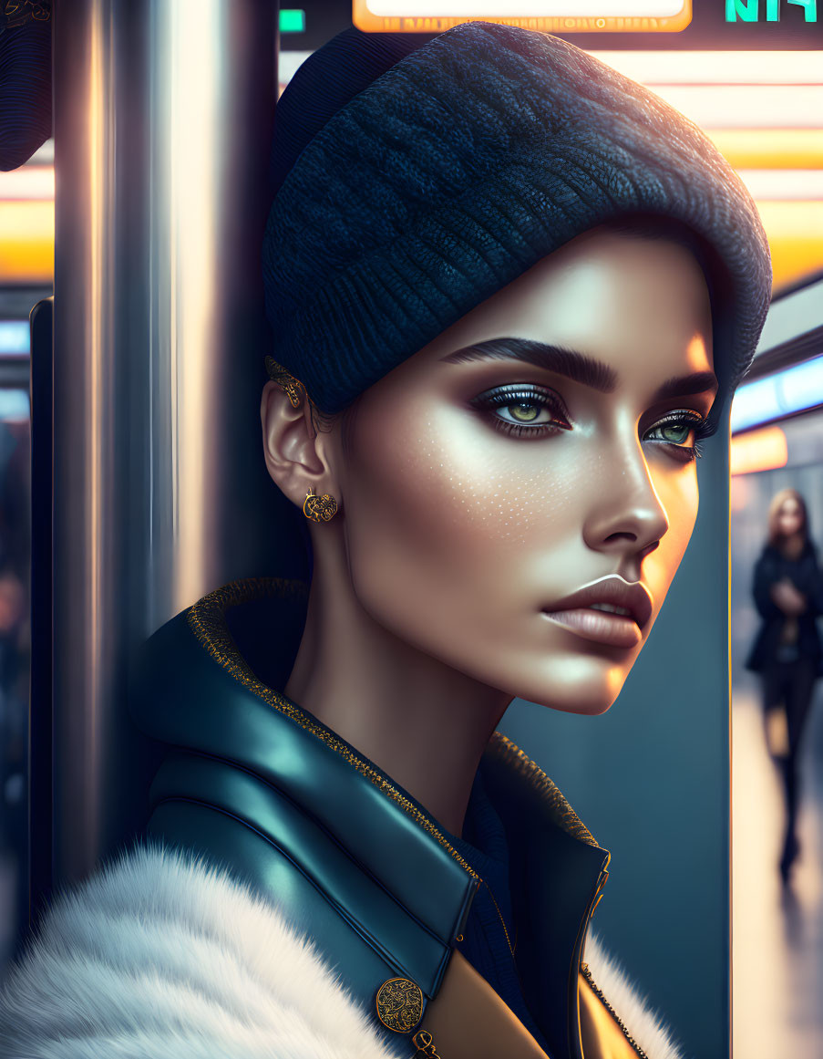 Stylish woman with beanie and leather jacket in neon-lit urban setting